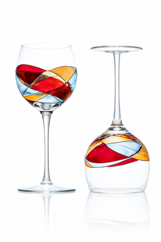 Wine Glasses Hand-Painted Stemmed 14 oz Luxury Art Gaudi Inspired by Sagrada Familia Red Stained Glass