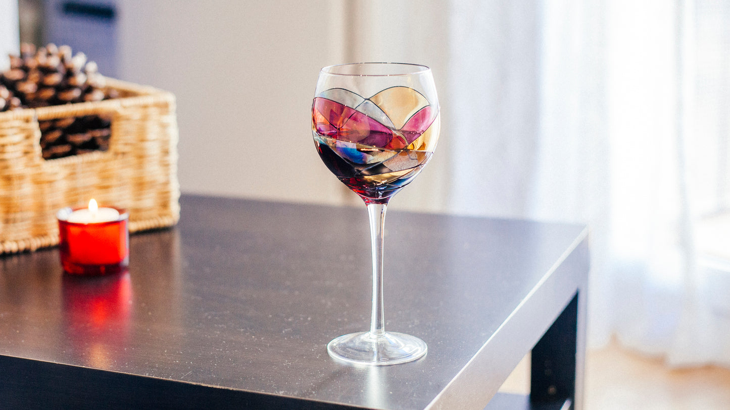 Wine Glasses Hand-Painted Stemmed 14 oz Luxury Art Gaudi Inspired by Sagrada Familia Red Stained Glass
